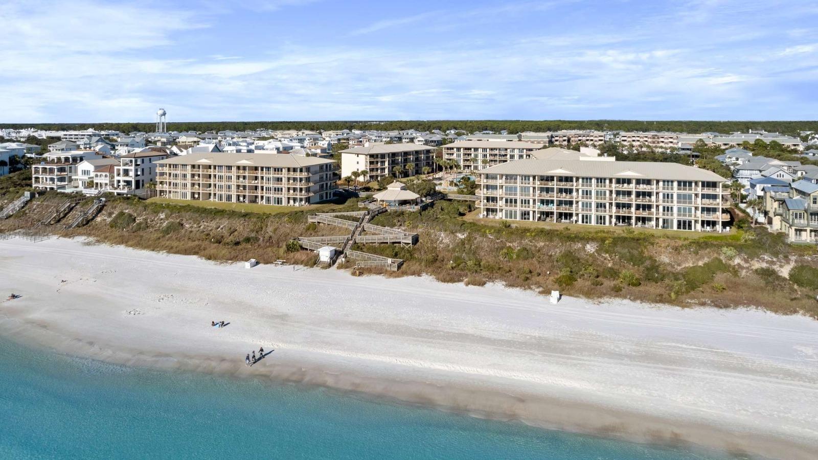 Aerial view of homes along the beach